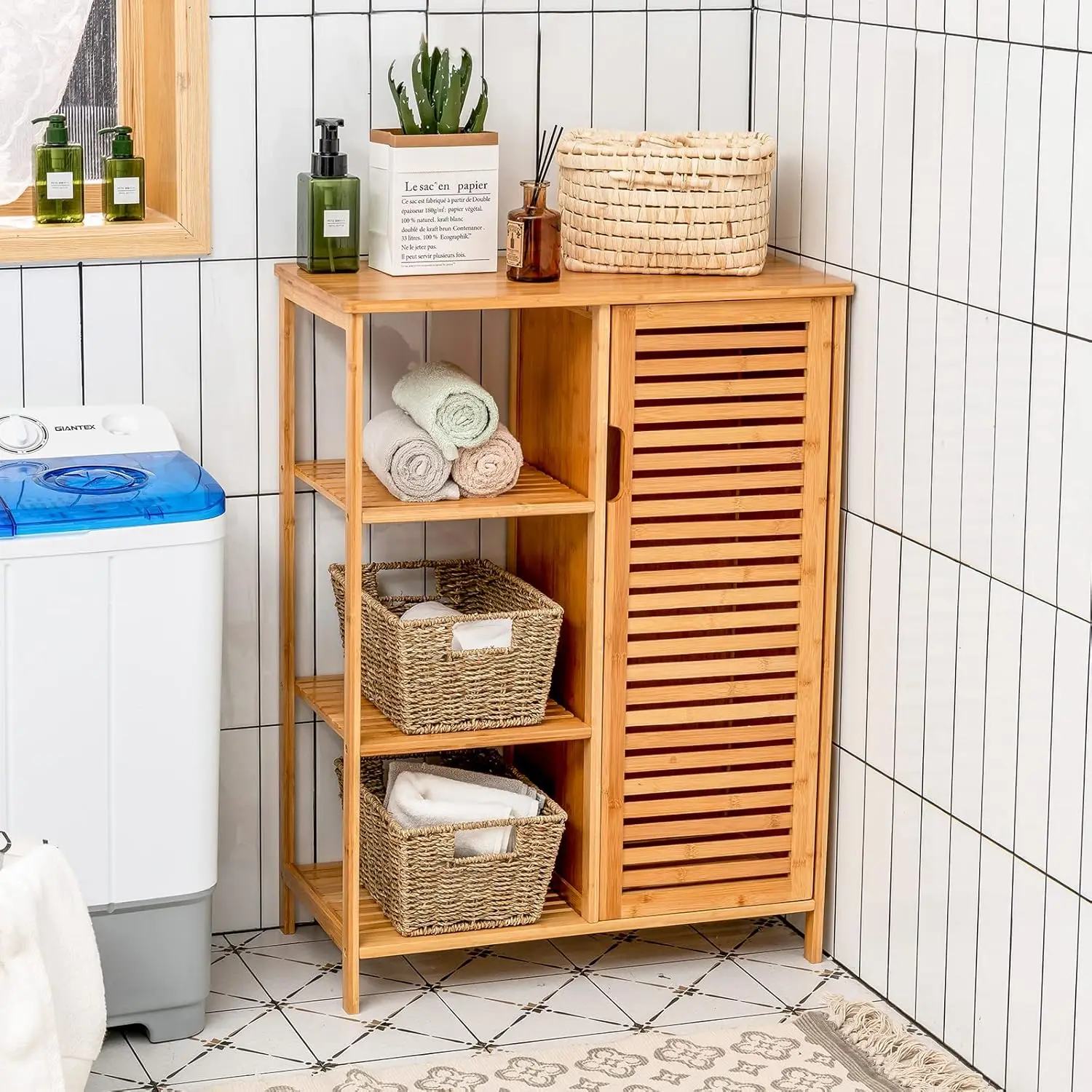 Bamboo Floor Storage Cabinet 3-Tier Open Shelf & Closed Compartments for Bathroom Kitchen Living Room, Customized
Bamboo Floor Storage Cabinet 3-Tier Open Shelf & Closed Compartments for Bathroom Kitchen Living Room, Customized