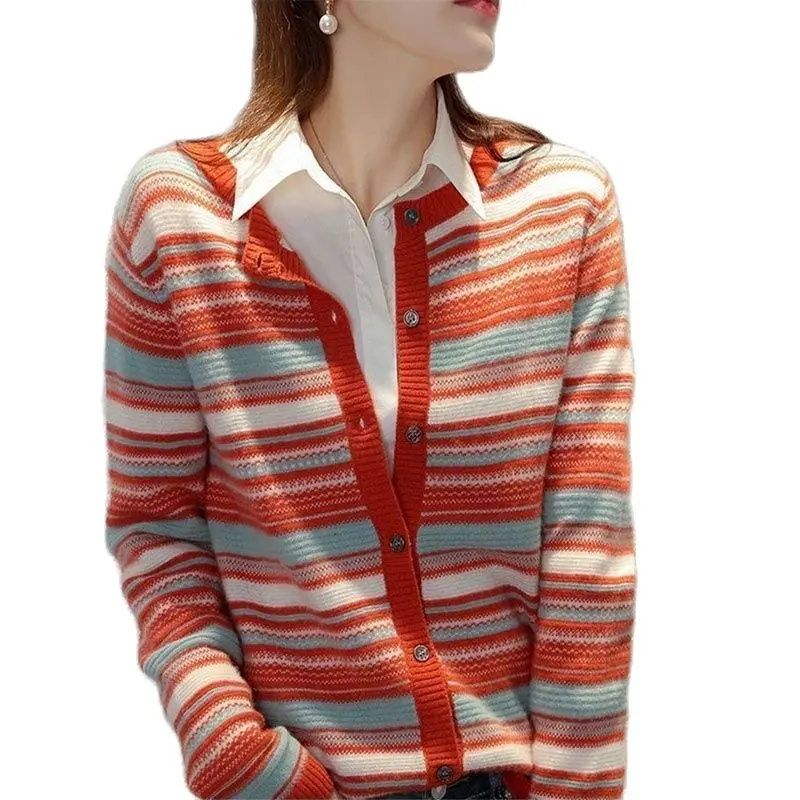Round Neck Stripe Knitted Cardigan Sweater Fashion Women Knitwear Jacket 2023 New Spring Autumn Coat Female Outerwear Tops
Round Neck Stripe Knitted Cardigan Sweater Fashion Women Knitwear Jacket 2023 New Spring Autumn Coat Female Outerwear Tops