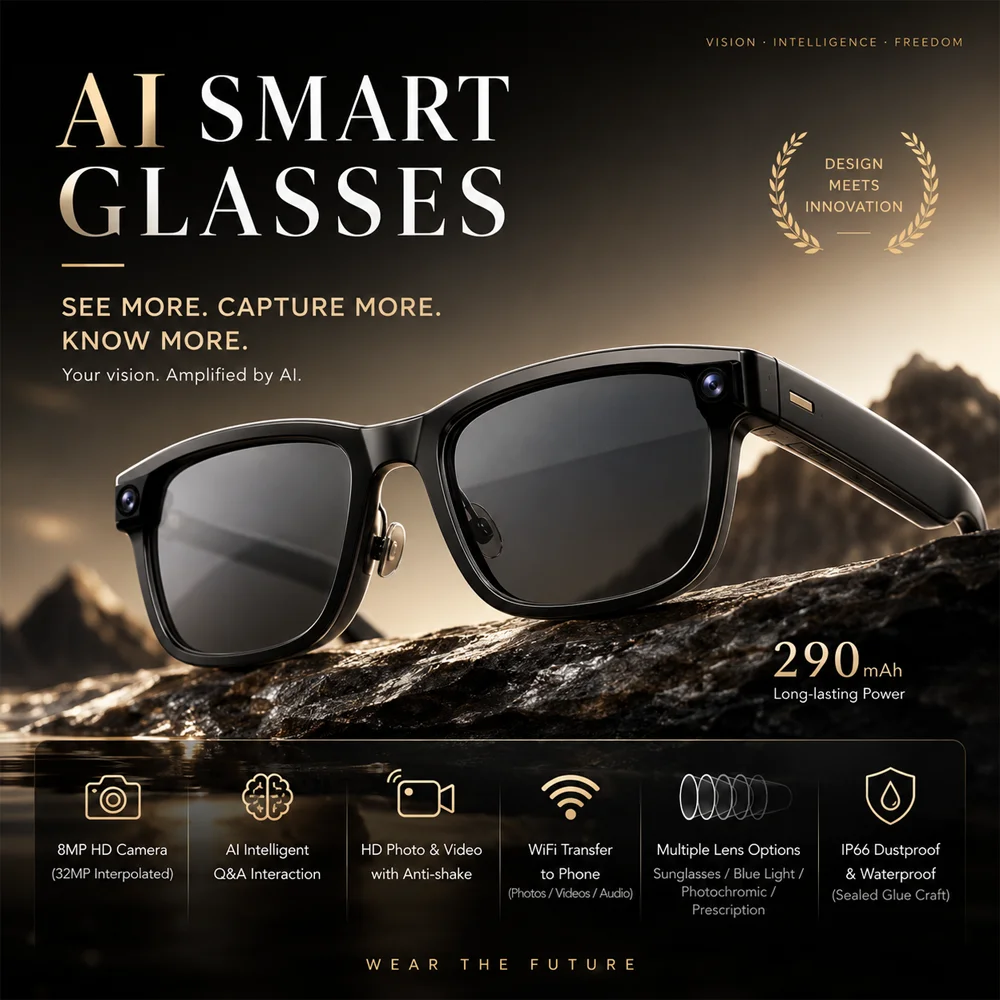AI Smart Photo Glasses 800W Pixel Video Record Bluetooth Call Object Recognition Support Over 100 Language Translation
AI Smart Photo Glasses 800W Pixel Video Record Bluetooth Call Object Recognition Support Over 100 Language Translation