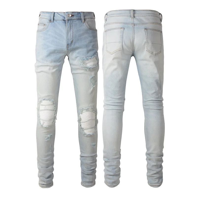 Men Light Blue Biker Jeans Cracked Pleated Patch Patchwork Stretch Denim Pants Streetwear Holes Ripped Skinny Fit Trousers
Men Light Blue Biker Jeans Cracked Pleated Patch Patchwork Stretch Denim Pants Streetwear Holes Ripped Skinny Fit Trousers