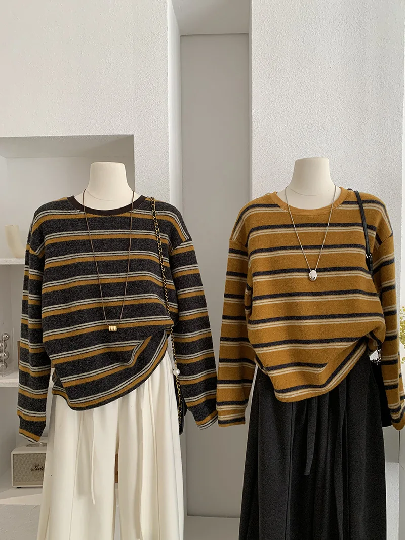 New Lazy Style Casual Long Sleeve Pullover Sweater Women's Retro Contrast Color Striped Round Neck Loose Knitwear Versatile Tops
New Lazy Style Casual Long Sleeve Pullover Sweater Women's Retro Contrast Color Striped Round Neck Loose Knitwear Versatile Tops