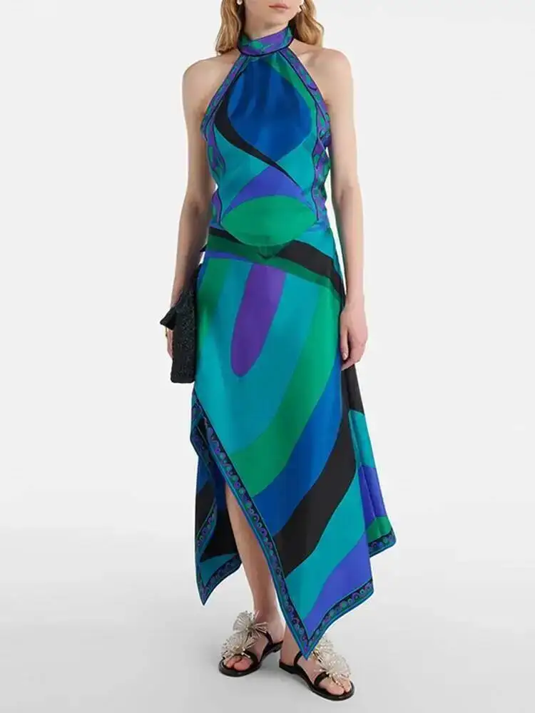 Сексуальный топ с лямкой на шее и нерегулярной юбкой, комплект женской модной рубашки без рукавов с открытой спиной, юбки с высокой талией, костюм, женский шик 
Сексуальный топ с лямкой на шее и нерегулярной юбкой, комплект женской модной рубашки без рукавов с открытой спиной, юбки с высокой талией, костюм, женский шик