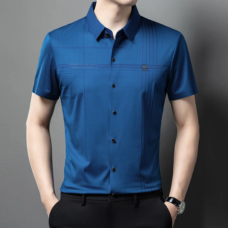Rhinestone Classic Striped Shirts For Men Short Sleeve Seamless Summer Cool Quality Skin-Friendly Silky Casual Camisas De Hombre
Rhinestone Classic Striped Shirts For Men Short Sleeve Seamless Summer Cool Quality Skin-Friendly Silky Casual Camisas De Hombre
