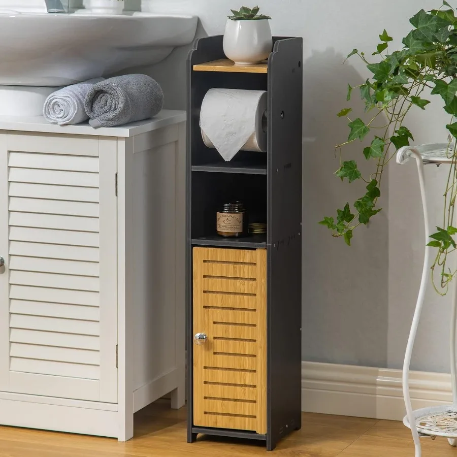 Toilet Paper Holder Stand: Small Bathroom Storage Cabinet - Black - Bamboo
Toilet Paper Holder Stand: Small Bathroom Storage Cabinet - Black - Bamboo