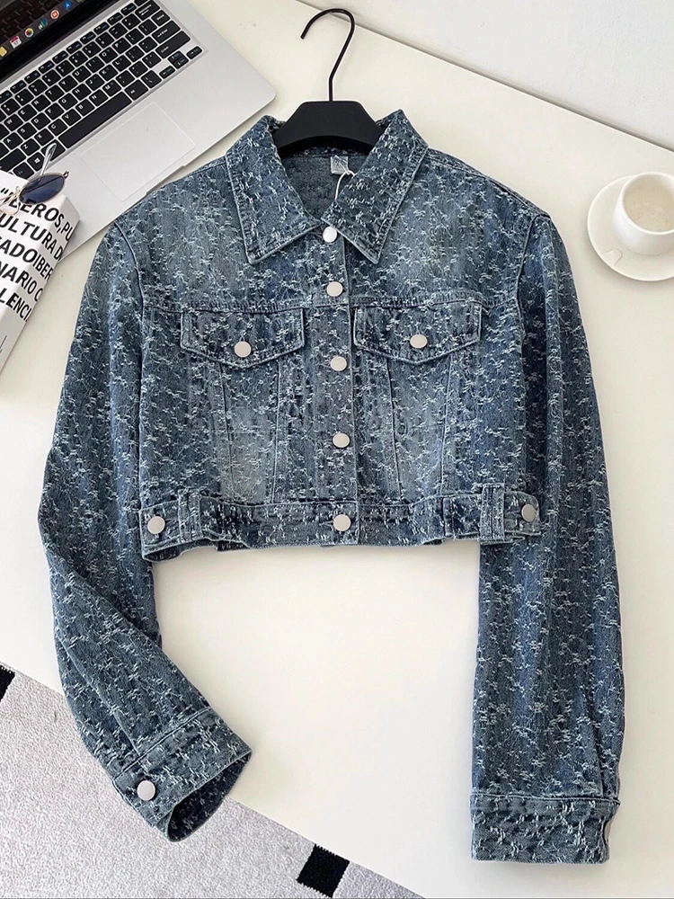 Fashion long sleeved short style denim jacket women's spring high street metal buckle printed single breasted temperament top
Fashion long sleeved short style denim jacket women's spring high street metal buckle printed single breasted temperament top