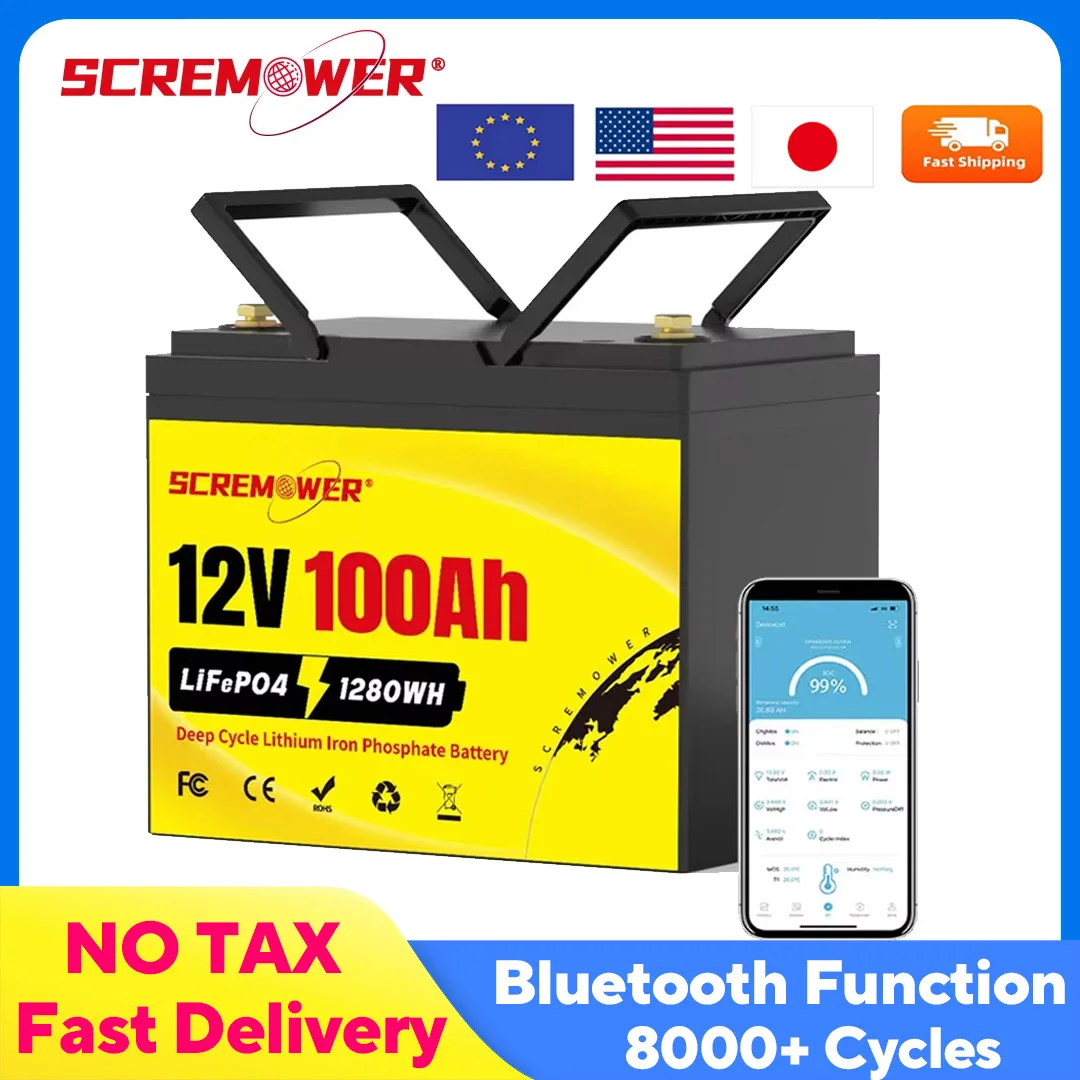 SCREAM POWER LiFePO4 12V 100Ah Battery Pack 12.8V Lithium Battery 8000+ Cycles With Bluetooth BMS Grade A For Boat RV Campers 
SCREAM POWER LiFePO4 12V 100Ah Battery Pack 12.8V Lithium Battery 8000+ Cycles With Bluetooth BMS Grade A For Boat RV Campers