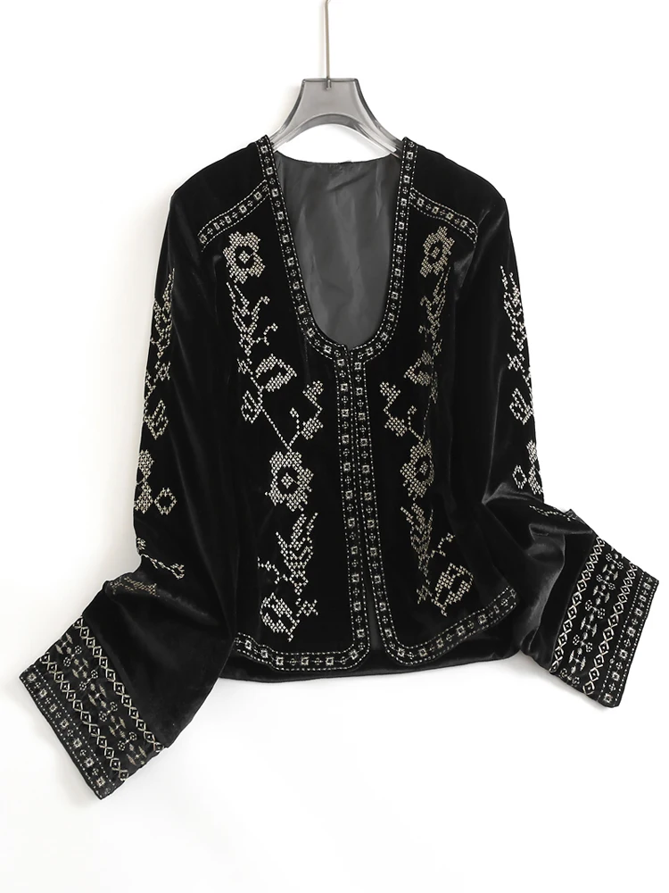 Black Velvet Shiny Thread Embroidery Slim Fit Straight U-Neck 2025 Spring New Long Sleeve Women's Jacket Coat J304
Black Velvet Shiny Thread Embroidery Slim Fit Straight U-Neck 2025 Spring New Long Sleeve Women's Jacket Coat J304