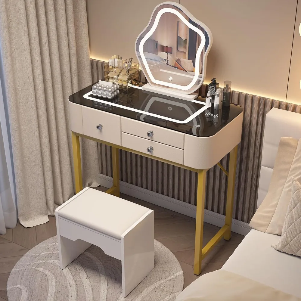 Makeup table with glowing mirror and lamp charging station, LED glass top, 3 lighting modes
Makeup table with glowing mirror and lamp charging station, LED glass top, 3 lighting modes