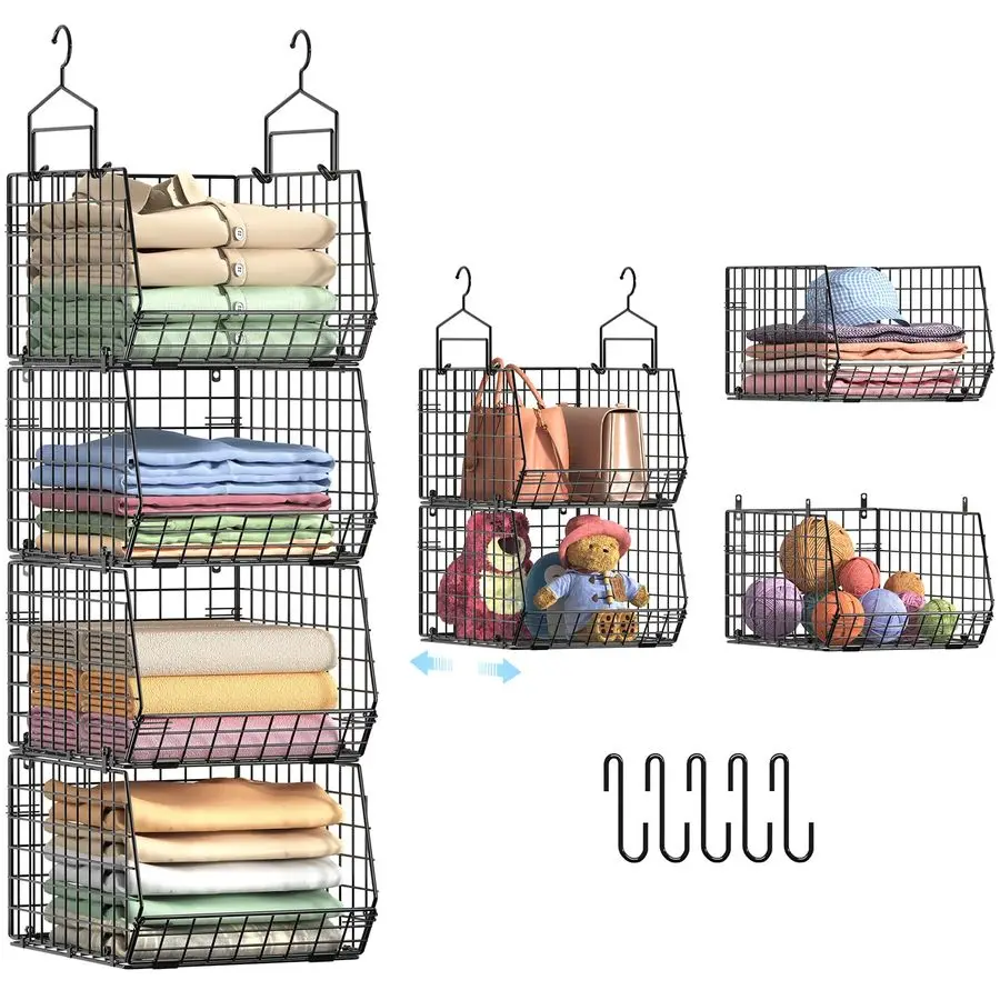 Extra Deeper Hanging Closet Organizers and Storage,4 Tier Foldable Wire Cabinet Shelves with 5 S Hooks,Small Metal Basket Bins f
Extra Deeper Hanging Closet Organizers and Storage,4 Tier Foldable Wire Cabinet Shelves with 5 S Hooks,Small Metal Basket Bins f