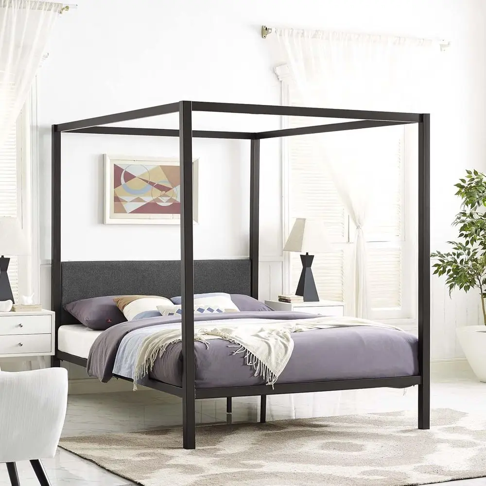 Gray Upholstered Metal Queen Bed with Brown Fabric Headboard
Gray Upholstered Metal Queen Bed with Brown Fabric Headboard