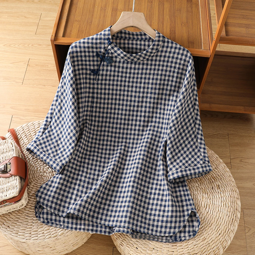 Summer New Chinese Retro Plaid Women's Shirt Thin Cotton Linen Collar Button Loose Fit Artistic Top Five-Quarter Sleeve
Summer New Chinese Retro Plaid Women's Shirt Thin Cotton Linen Collar Button Loose Fit Artistic Top Five-Quarter Sleeve