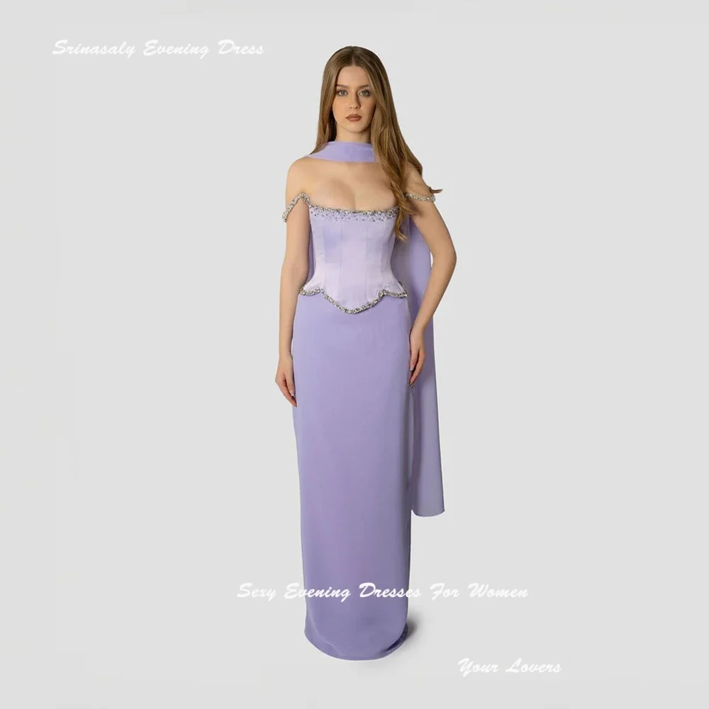Lilac Customized Sexy Evening Dresses Cocktail Party Gowns Straight Crystal-embellished Off Shoulder Prom Dress with Scarf
Lilac Customized Sexy Evening Dresses Cocktail Party Gowns Straight Crystal-embellished Off Shoulder Prom Dress with Scarf