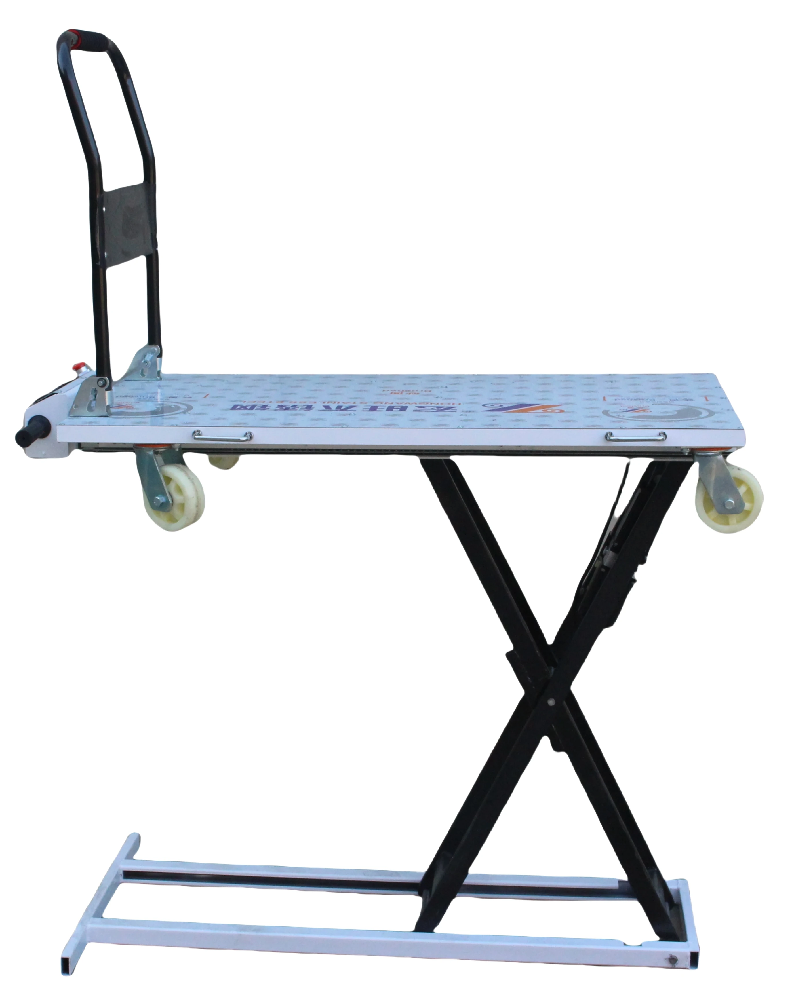 Portable electric hydraulic lift flat trolley scissor truck for on-board handling, loading and unloading
Portable electric hydraulic lift flat trolley scissor truck for on-board handling, loading and unloading