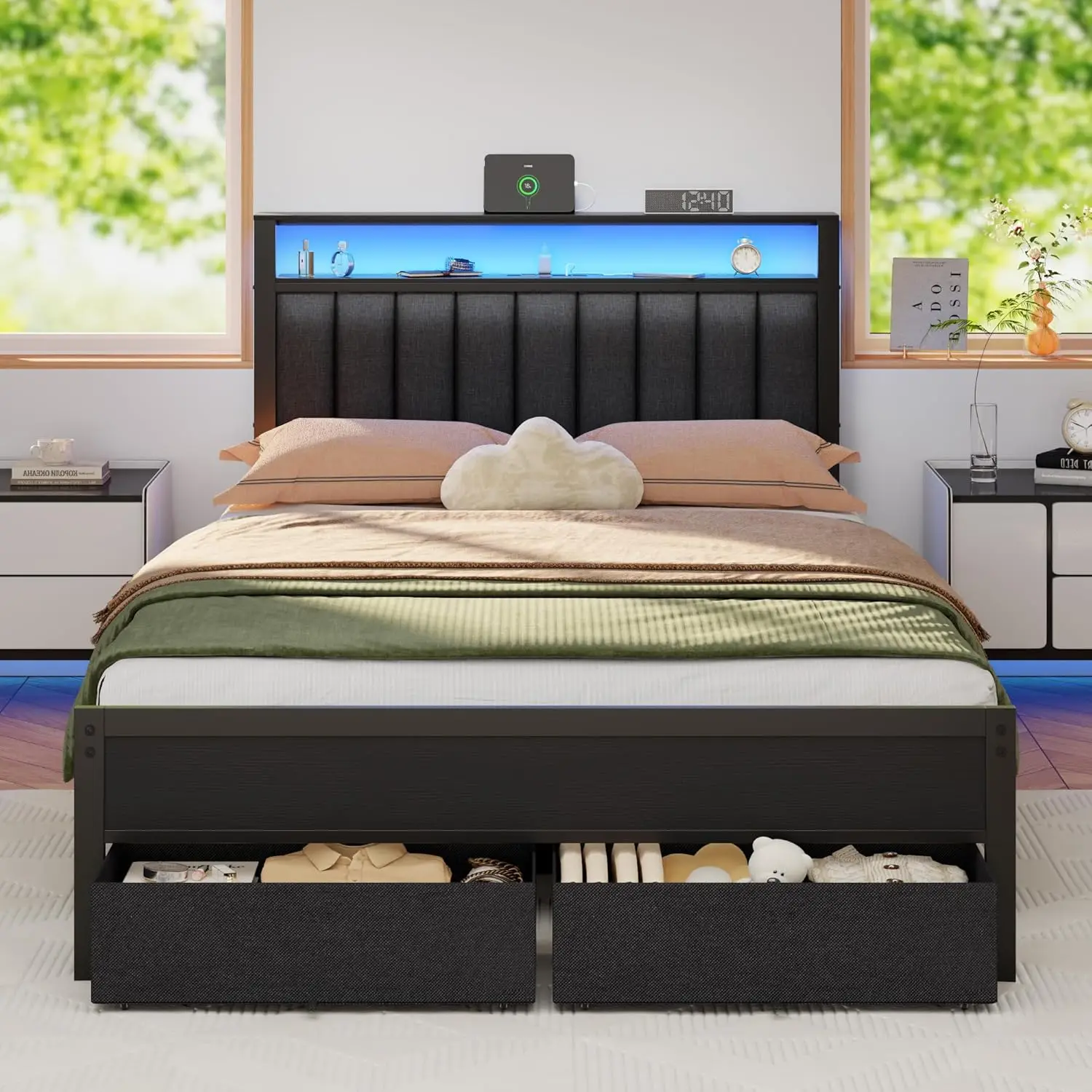 Full Size Upholstered Platform Bed Frame with Charging Station LED Lights Headboard Shelves & Under-Bed Storage No Box Spring Ne
Full Size Upholstered Platform Bed Frame with Charging Station LED Lights Headboard Shelves & Under-Bed Storage No Box Spring Ne
