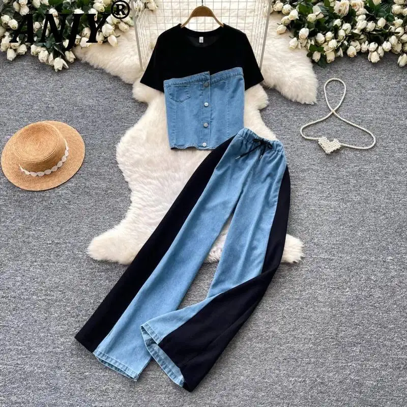ANJY Spring Summer New Women Vintage Niche Denim Patchwork Casual O-Neck T-shirt Elegant Fashion Contrast Color Pants Set A24549
ANJY Spring Summer New Women Vintage Niche Denim Patchwork Casual O-Neck T-shirt Elegant Fashion Contrast Color Pants Set A24549
