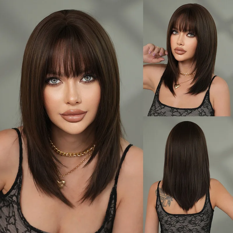 Cross-border women's wig, chest-length, black-brown, -layered straight hair with air bangs, medium-long, high-quality full w
Cross-border women's wig, chest-length, black-brown, -layered straight hair with air bangs, medium-long, high-quality full w