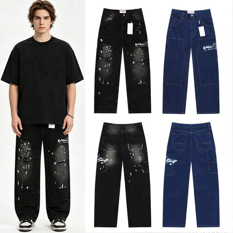 American Style Retro Distressed Hole Out Men's Women's Loose Straight Leg Vale Jeans High Street Lettering Print
American Style Retro Distressed Hole Out Men's Women's Loose Straight Leg Vale Jeans High Street Lettering Print