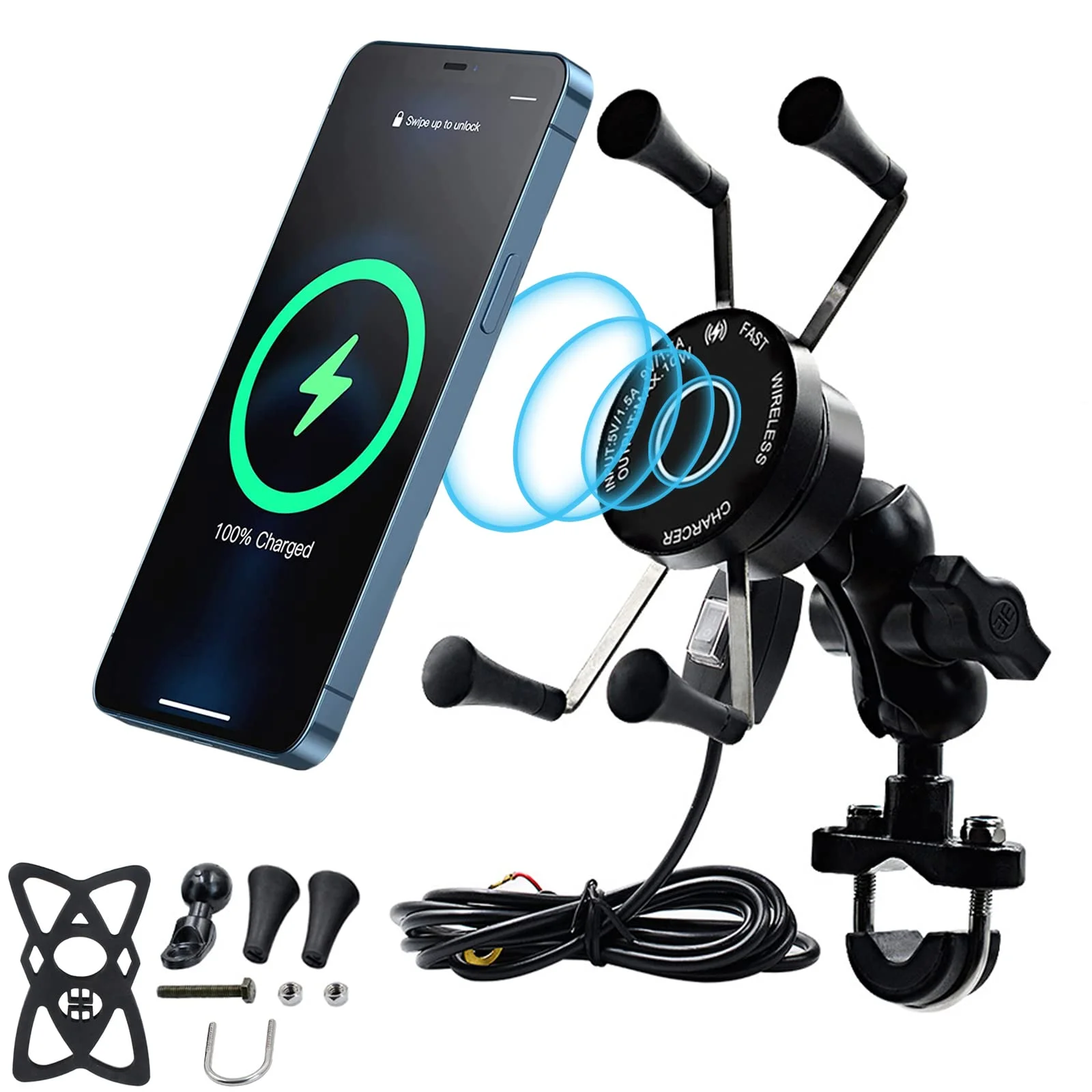 15W Fast Charging Adapter, Wireless Qi Motorcycle Phone Holder with 4 Jaw Mechanical Locking, 360° Rotating Aluminum Alloy
15W Fast Charging Adapter, Wireless Qi Motorcycle Phone Holder with 4 Jaw Mechanical Locking, 360° Rotating Aluminum Alloy