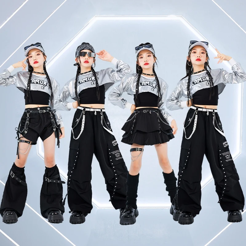 Костюм для джазовых танцев Kpop для девочек, детская одежда в стиле хип-хоп, детская одежда для уличных танцев, серебряные укороченные топы, черные брюки, юбка, шорты AMY1077
Костюм для джазовых танцев Kpop для девочек, детская одежда в стиле хип-хоп, детская одежда для уличных танцев, серебряные укороченные топы, черные брюки, юбка, шорты AMY1077