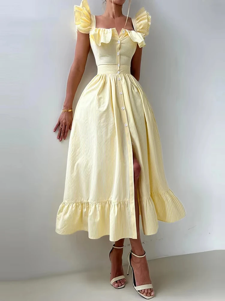 Elegant Blue Striped Ruffled Button Long Dress Women Square - Neck Sleeveless Female Dresses 2026 Summer Beach Party Lady Robe
Elegant Blue Striped Ruffled Button Long Dress Women Square - Neck Sleeveless Female Dresses 2026 Summer Beach Party Lady Robe