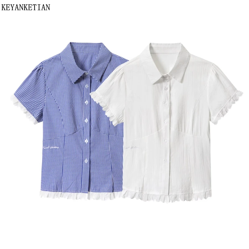 KEYANKETIAN 2026 New Women French Sweet Blue Gingham Check Blouse Women Short Sleeve Ruffle Trim Smocked Back Button Down Shirt
KEYANKETIAN 2026 New Women French Sweet Blue Gingham Check Blouse Women Short Sleeve Ruffle Trim Smocked Back Button Down Shirt