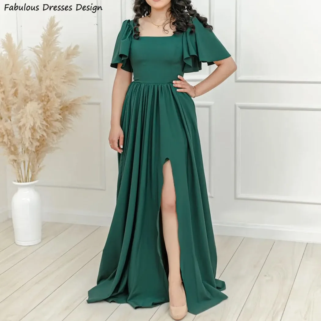 Dark Green Long A-line Bridesmaid Dresses Ruched Short Sleeve Square Collar Wedding Party Dress 2025 Side Slit Prom Gown
Dark Green Long A-line Bridesmaid Dresses Ruched Short Sleeve Square Collar Wedding Party Dress 2025 Side Slit Prom Gown