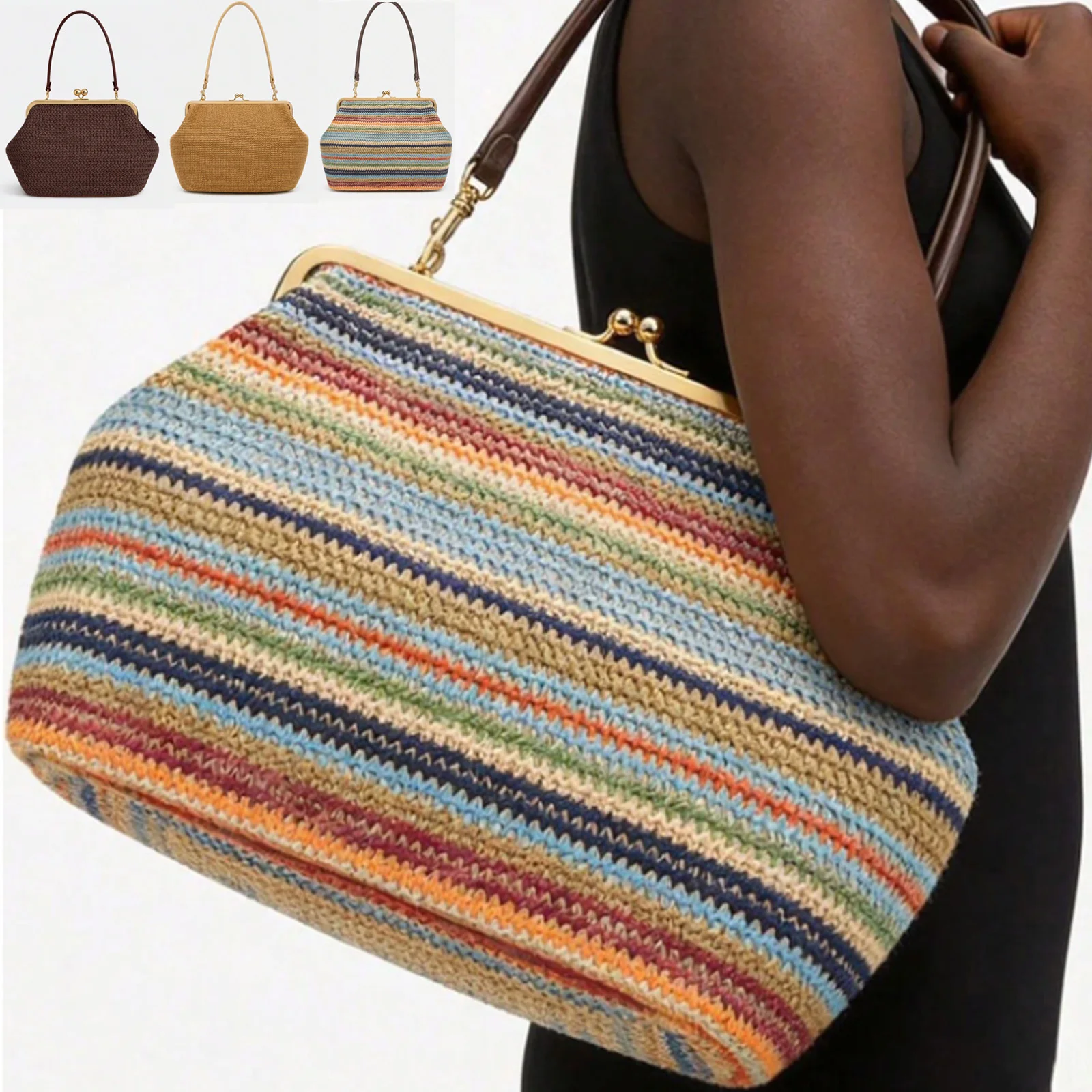Fashion Large Striped Clip Shell Clucth Bag for Women Designer PP Straw Handbags Luxury Summer Beach Woven Bags Vacation 2026
Fashion Large Striped Clip Shell Clucth Bag for Women Designer PP Straw Handbags Luxury Summer Beach Woven Bags Vacation 2026