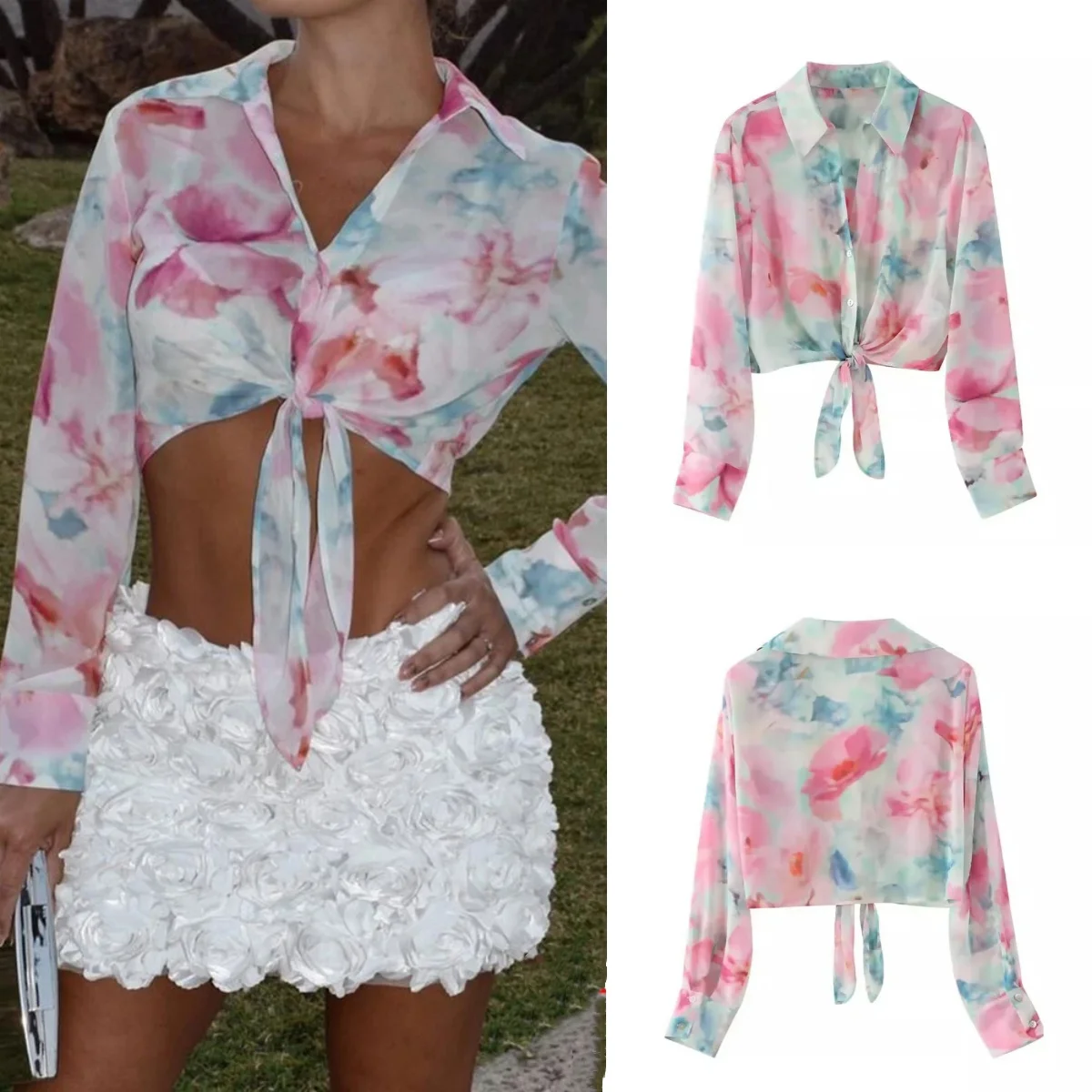 Summer New Women's Shirt Fashion Sweet Versatile Printed Knot Short Long sleeved Blouse Top
Summer New Women's Shirt Fashion Sweet Versatile Printed Knot Short Long sleeved Blouse Top