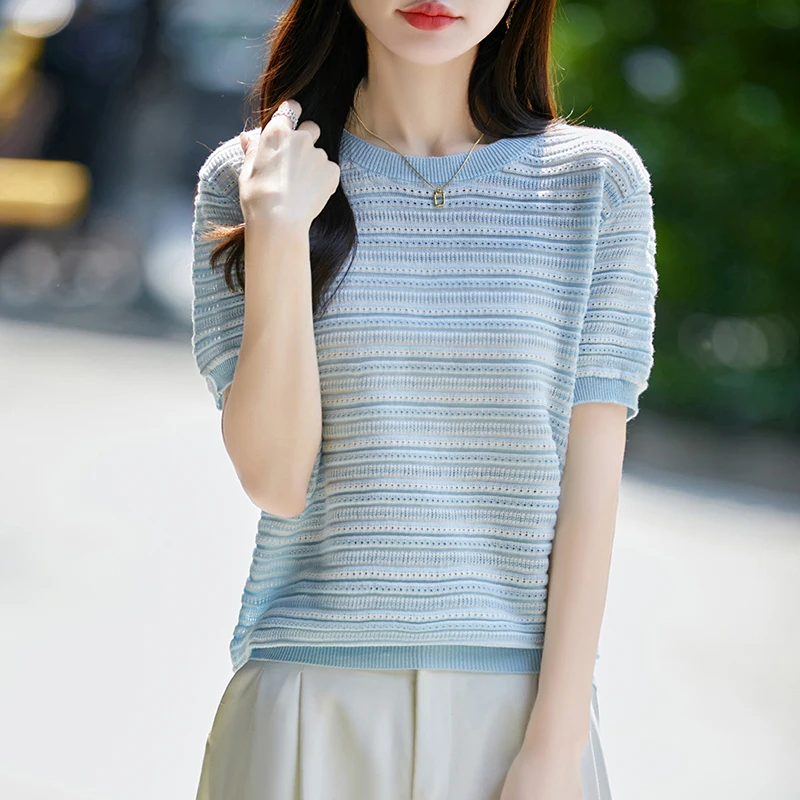 Summer New 100% Cotton Sweater Short Sleeve Women's Striped Knitted T-shirt Casual Fashion O-neck Women's Top Loose Soft Pullove
Summer New 100% Cotton Sweater Short Sleeve Women's Striped Knitted T-shirt Casual Fashion O-neck Women's Top Loose Soft Pullove