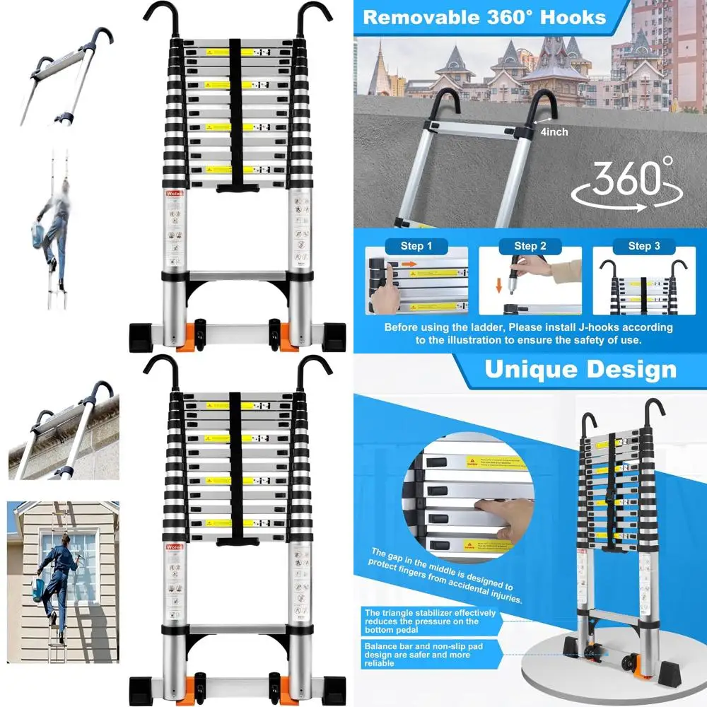 12.5FT Aluminum Telescoping Ladder with Hooks, Stabilizers, Wheels, 330lbs Capacity for RV, Roof, Attic, Outdoor - Silver
12.5FT Aluminum Telescoping Ladder with Hooks, Stabilizers, Wheels, 330lbs Capacity for RV, Roof, Attic, Outdoor - Silver