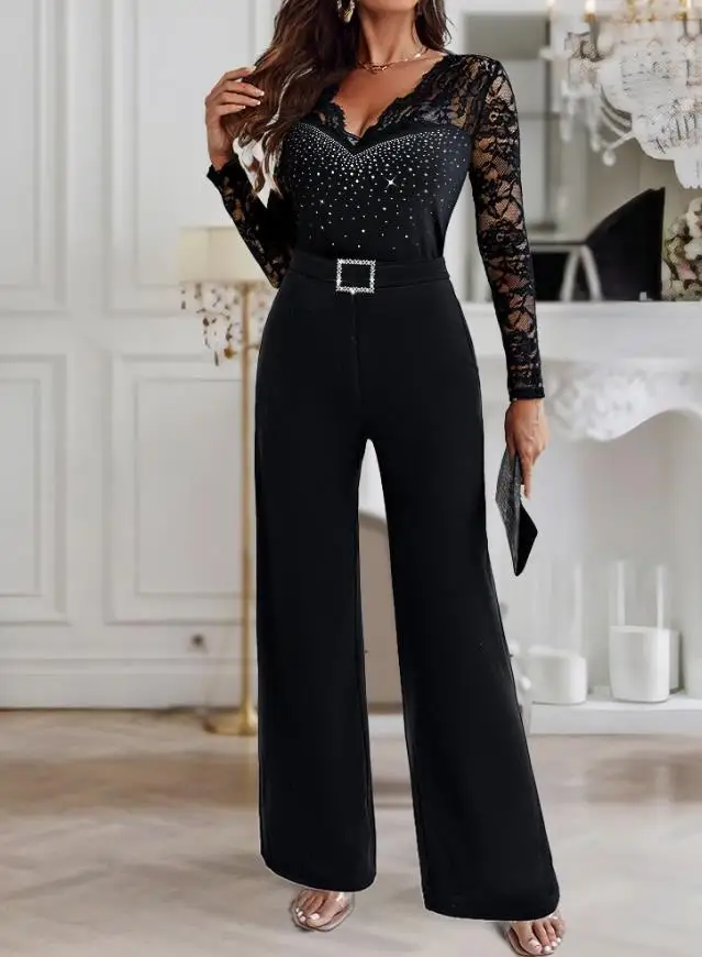 2025 Elegant Sexy Long Jumpsuits Metal Decor Scallop Trim V-Neck Lace Overlay Casual Lace Long Sleeve Zipper Back Jumpsuit
2025 Elegant Sexy Long Jumpsuits Metal Decor Scallop Trim V-Neck Lace Overlay Casual Lace Long Sleeve Zipper Back Jumpsuit