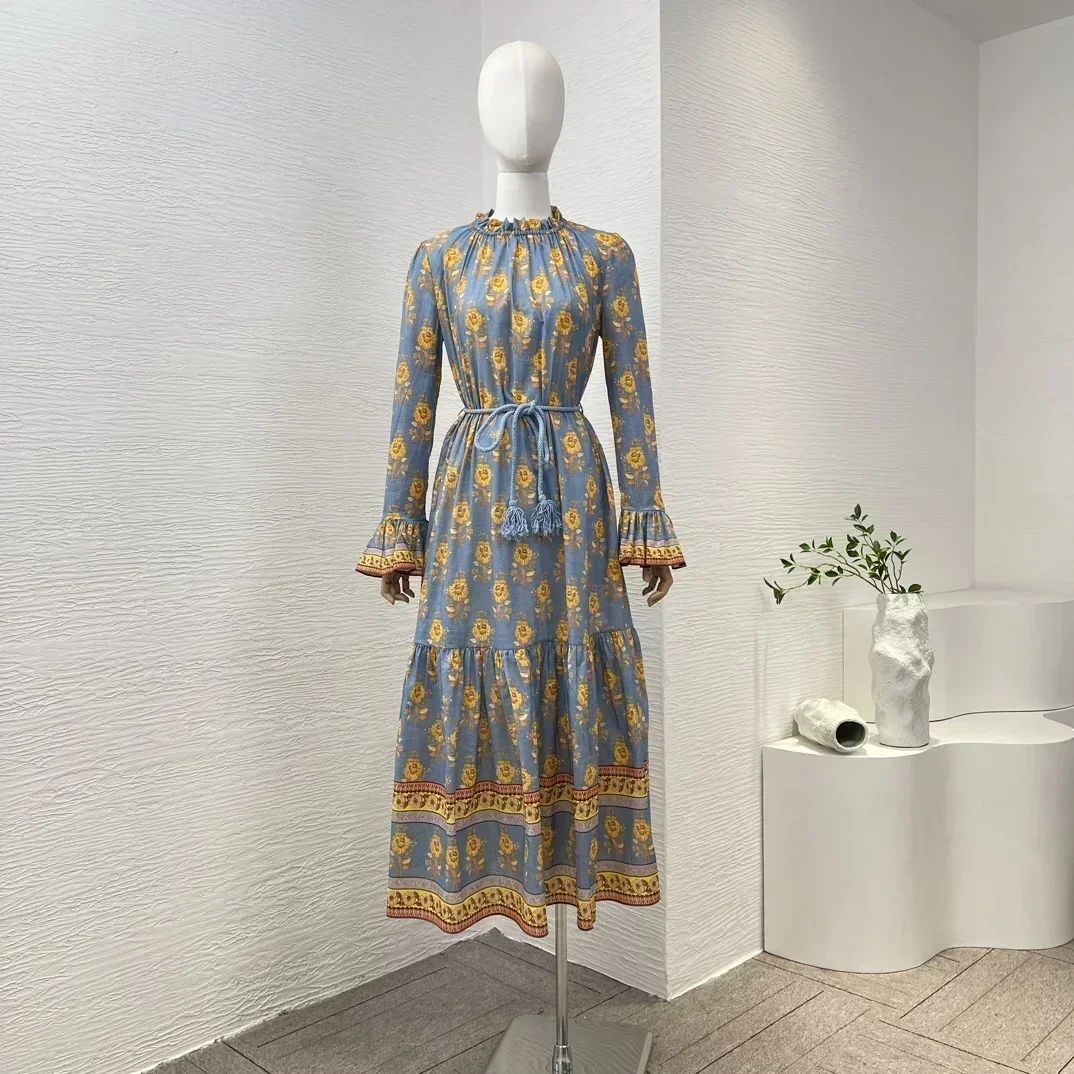 New Top Quality Cotton Vintage Yellow Floral Print Lace-up Full Flare Sleeve Frill Women Casual Midi Dress
New Top Quality Cotton Vintage Yellow Floral Print Lace-up Full Flare Sleeve Frill Women Casual Midi Dress