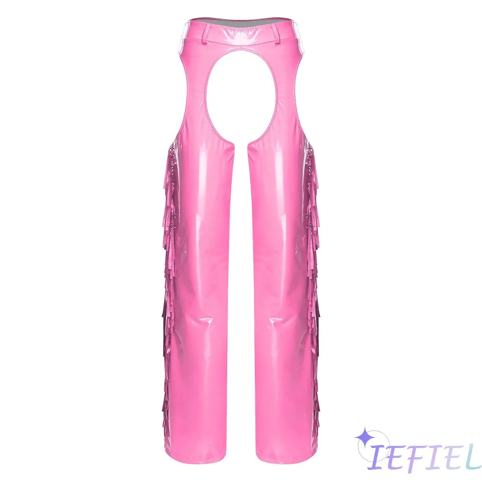 Womens Glossy Chaps Pants Hollow-out Crotch and Thighs Shiny Tassel Side Seams Wide Leg Long Pants for Cowgirl Party Clubwear
Womens Glossy Chaps Pants Hollow-out Crotch and Thighs Shiny Tassel Side Seams Wide Leg Long Pants for Cowgirl Party Clubwear