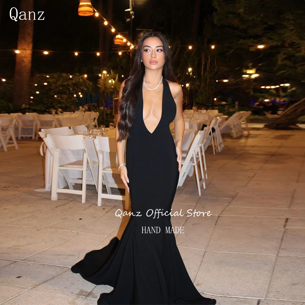 Qanz Black Deep V Neck Evening Dresses Women Long Train Dresses For Wedding Guests Halter Neck Robes De Soirée Customized
Qanz Black Deep V Neck Evening Dresses Women Long Train Dresses For Wedding Guests Halter Neck Robes De Soirée Customized