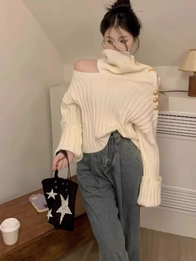 Korean Fashion Autumn New Women Knitted Tops Sweater High Collar Off Shoulder Long Sleeve Senior Sense Knitting Pullover Female
Korean Fashion Autumn New Women Knitted Tops Sweater High Collar Off Shoulder Long Sleeve Senior Sense Knitting Pullover Female
