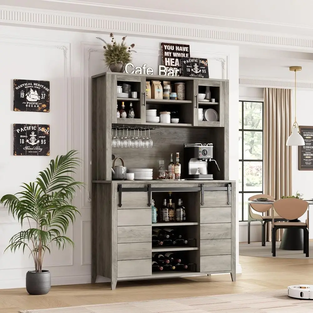 70 Tall Kitchen Pantry Cabinet with Sliding Barn Doors, Storage Hutch, Wine & Liquor Storage, Gray
70 Tall Kitchen Pantry Cabinet with Sliding Barn Doors, Storage Hutch, Wine & Liquor Storage, Gray