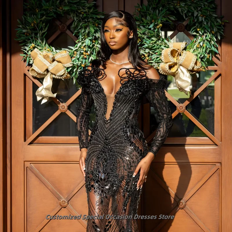 Black Prom Dresses For Black Girls 2025 Long Sleeve Mermaid Evening Party Gowns Bead Crystal Rhinestones Long Dress Customized
Black Prom Dresses For Black Girls 2025 Long Sleeve Mermaid Evening Party Gowns Bead Crystal Rhinestones Long Dress Customized