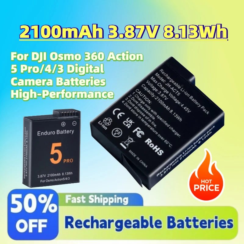 New 2100mAh 3.87V 8.13Wh Li-ion Rechargeable Battery for DJI Osmo 360 Action 5 Pro/4/3 Digital Camera Batteries High-Performance
New 2100mAh 3.87V 8.13Wh Li-ion Rechargeable Battery for DJI Osmo 360 Action 5 Pro/4/3 Digital Camera Batteries High-Performance
