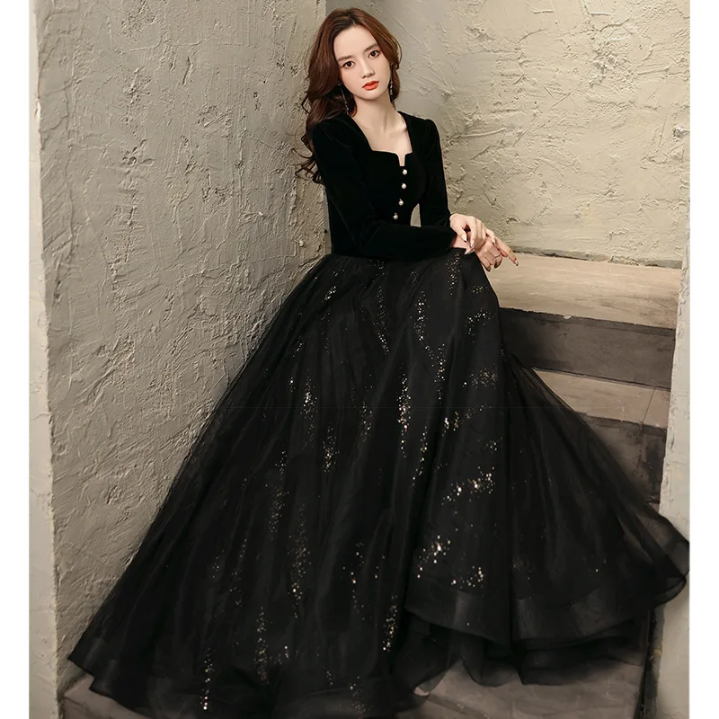 Simple Black Evening Dresses Square Collar Long Sleeve Sequins Tulle Maxi Dress Lace-Up Women Formal Party Gowns
Simple Black Evening Dresses Square Collar Long Sleeve Sequins Tulle Maxi Dress Lace-Up Women Formal Party Gowns