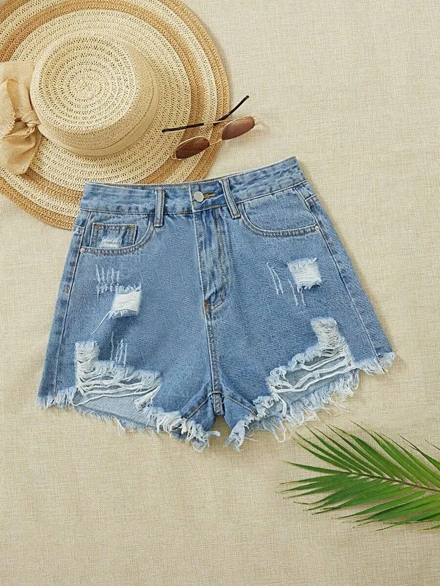 Women High Waist Distressed Frayed Hem Denim Shorts With Pockets
Women High Waist Distressed Frayed Hem Denim Shorts With Pockets