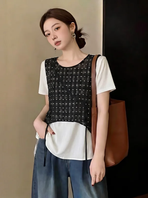 Fashionable Anti-Aging Polka Dot Shirt Women's Short Sleeve Regular Fit Citywalk Summer New Arrival plus Size Fake Two-Piece Top
Fashionable Anti-Aging Polka Dot Shirt Women's Short Sleeve Regular Fit Citywalk Summer New Arrival plus Size Fake Two-Piece Top