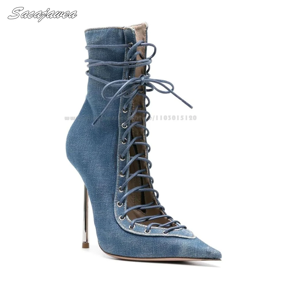 Retro Denim Blue Hollow Side Zipper Metal Heel Boots Pointed Toe Sexy Lady Casual High Heel Boots Size 34-46 All-Match Boots
Retro Denim Blue Hollow Side Zipper Metal Heel Boots Pointed Toe Sexy Lady Casual High Heel Boots Size 34-46 All-Match Boots