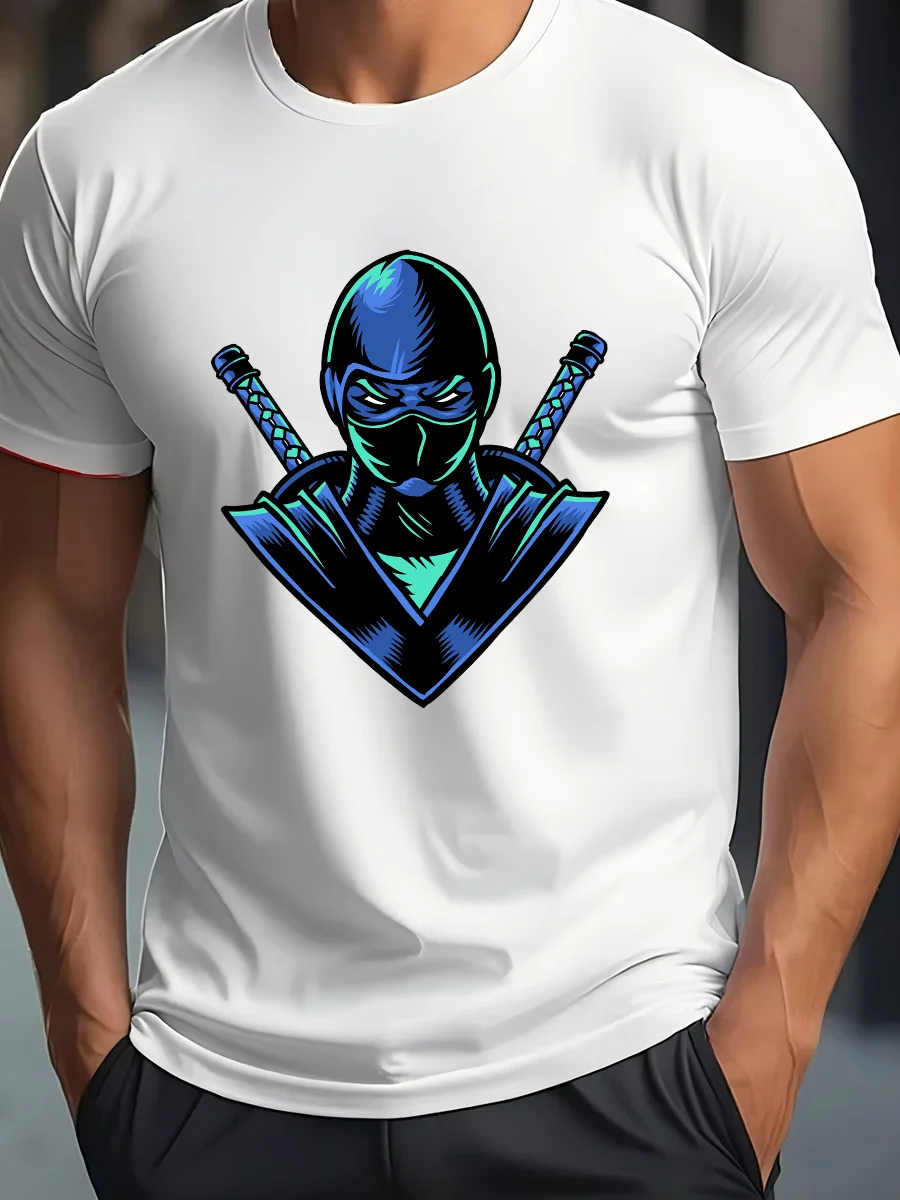 White Crew Neck Short Sleeve T-Shirt with Cool Blue & Green Ninja Graphic Design Featuring Twin Swords
White Crew Neck Short Sleeve T-Shirt with Cool Blue & Green Ninja Graphic Design Featuring Twin Swords