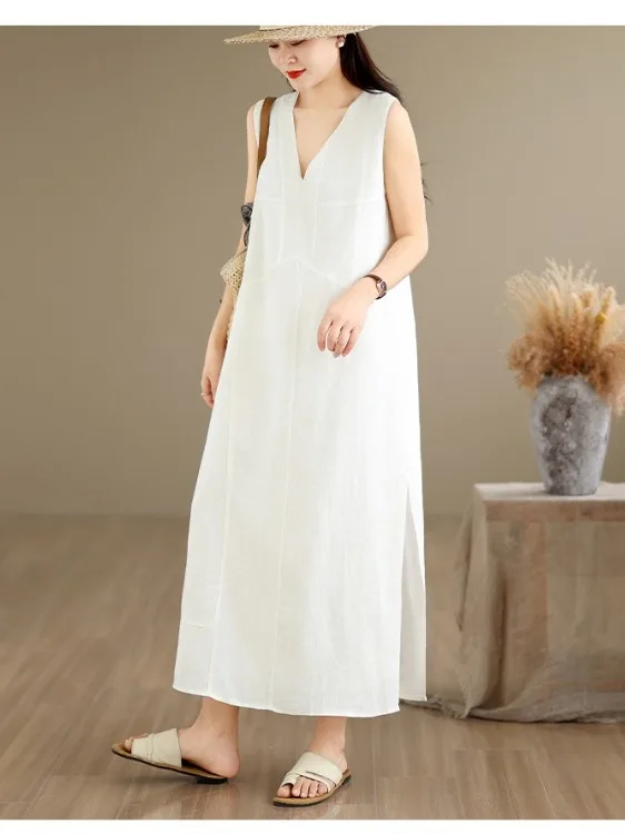 Elegant Minimalist Sleeveless V-Neck Casual Split Dress Women's Summer Slimming Age-Defying Vest Dress Cotton 100% Natural Style
Elegant Minimalist Sleeveless V-Neck Casual Split Dress Women's Summer Slimming Age-Defying Vest Dress Cotton 100% Natural Style