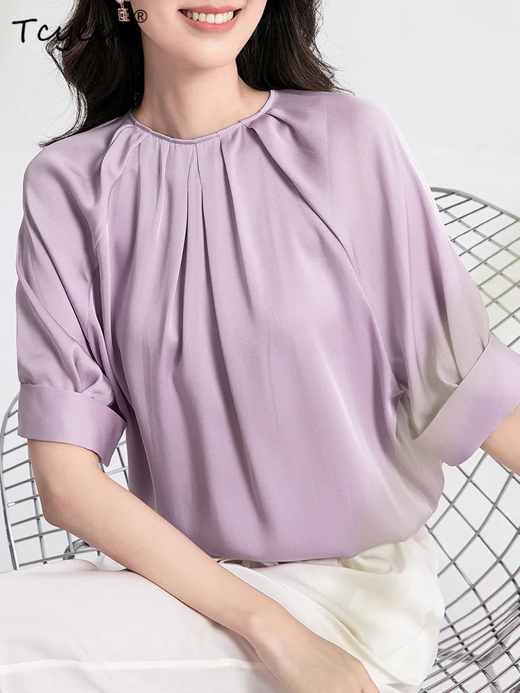 Tcyeek, 100%Real Silk Elegant Half Sleeve T Shirt, Women O Neck Shirring, Fashion Sweet Blouses, 2024 Summer New Top T550123QM
Tcyeek, 100%Real Silk Elegant Half Sleeve T Shirt, Women O Neck Shirring, Fashion Sweet Blouses, 2024 Summer New Top T550123QM