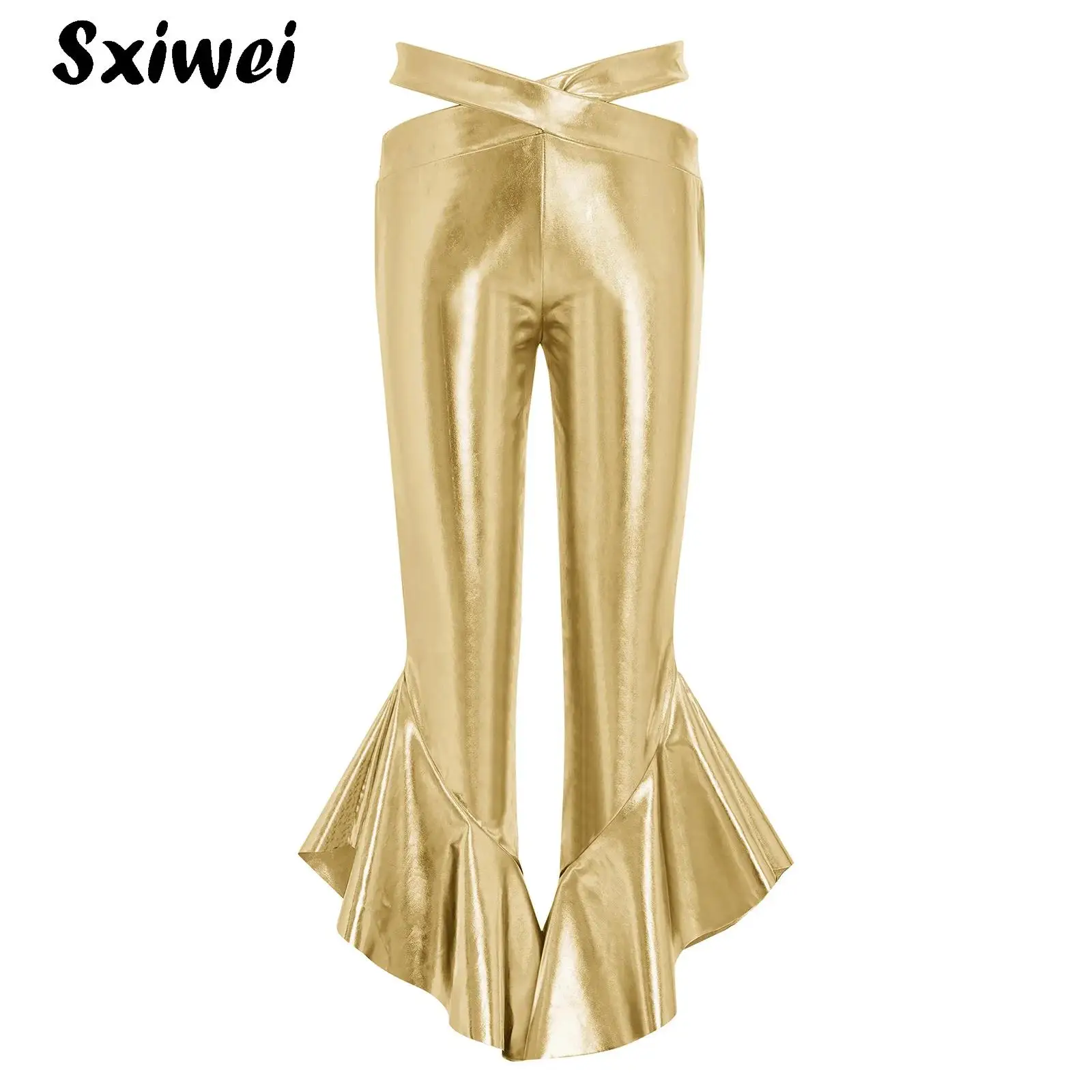 Fashion Girls Metallic Flared Pants Trousers Cross Waistband Ruffle Bell-Bottom Pants 70S Disco Jazz Hippie Performance Costume
Fashion Girls Metallic Flared Pants Trousers Cross Waistband Ruffle Bell-Bottom Pants 70S Disco Jazz Hippie Performance Costume
