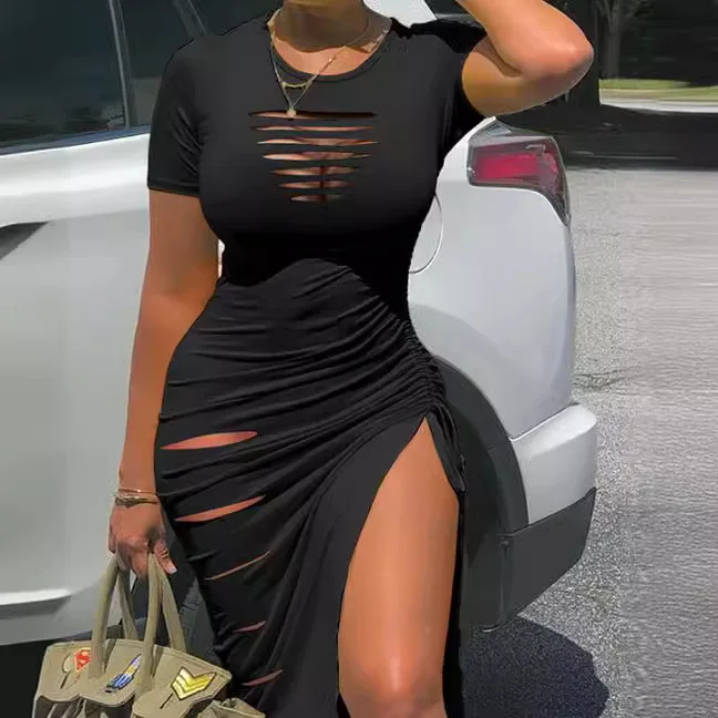Sexy Burnished Drawstring Round Neck Short-sleeved Slit Slit Pleated Hip Wrap Dress
Sexy Burnished Drawstring Round Neck Short-sleeved Slit Slit Pleated Hip Wrap Dress