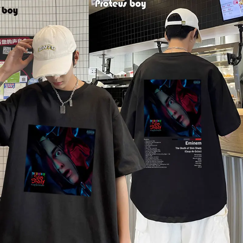Hip Hop Rapper Eminem The Death of Slim Shady Double Sided Pirnted T Shirt Men Fashion Oversized T-shirt Male Vintage Tops Tees
Hip Hop Rapper Eminem The Death of Slim Shady Double Sided Pirnted T Shirt Men Fashion Oversized T-shirt Male Vintage Tops Tees