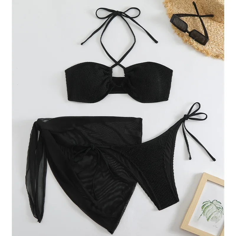 New 3 Pieces Set Black Swimsuit Women Mesh Swimwear Sexy Bandeau Bikini with Sarong Skirts Beach Wear Bathing Suit Korean
New 3 Pieces Set Black Swimsuit Women Mesh Swimwear Sexy Bandeau Bikini with Sarong Skirts Beach Wear Bathing Suit Korean