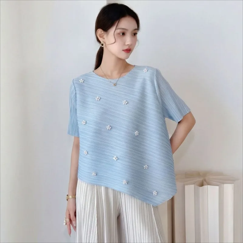 Miyake Pleated Beaded T-Shirt 2026 Summer New Simple Casual Loose Solid Color Top Women's Elegant Lightweight Stretch Clothing
Miyake Pleated Beaded T-Shirt 2026 Summer New Simple Casual Loose Solid Color Top Women's Elegant Lightweight Stretch Clothing